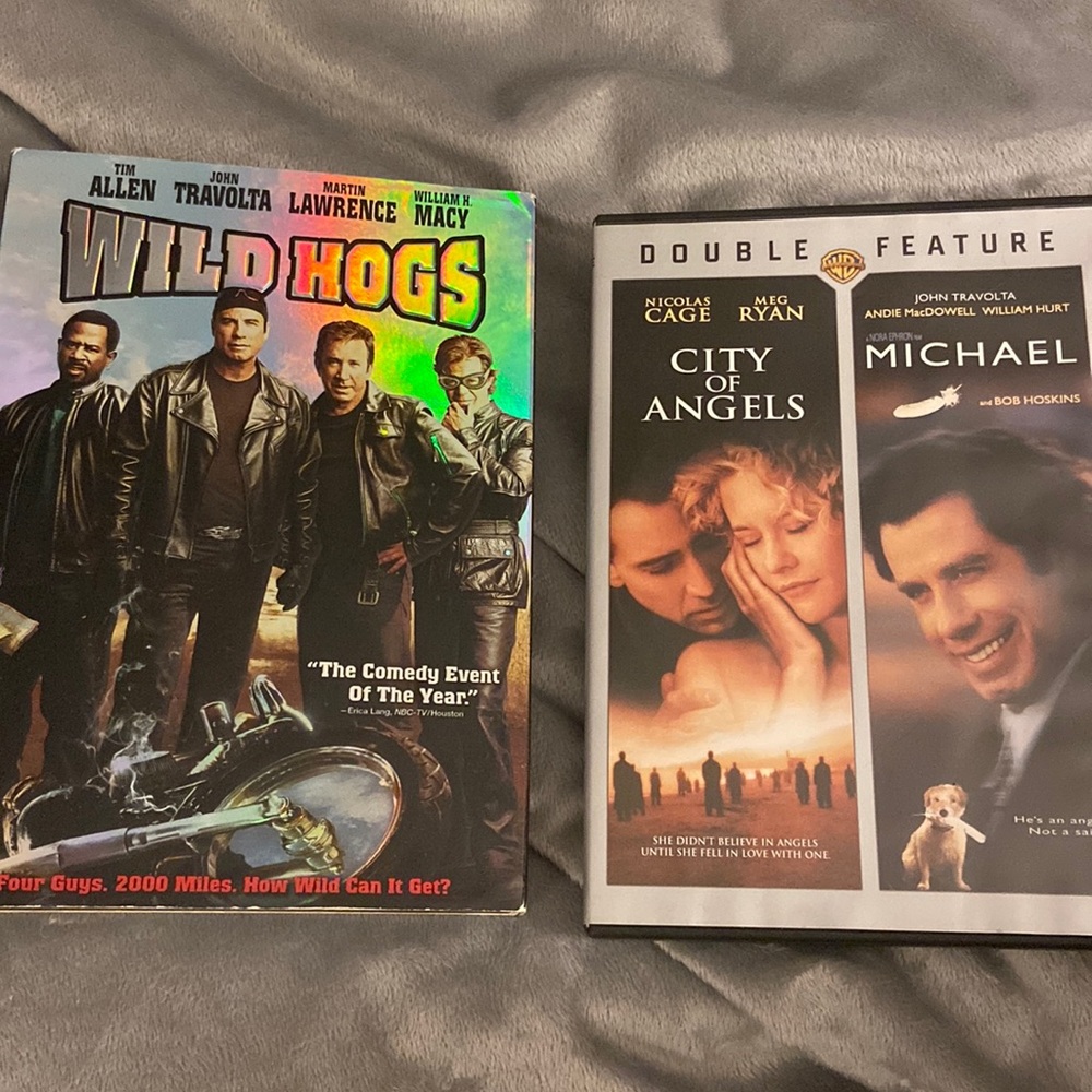 3 DVD movies in two starring John Travolta, Michael, city of Angels, wild hogs